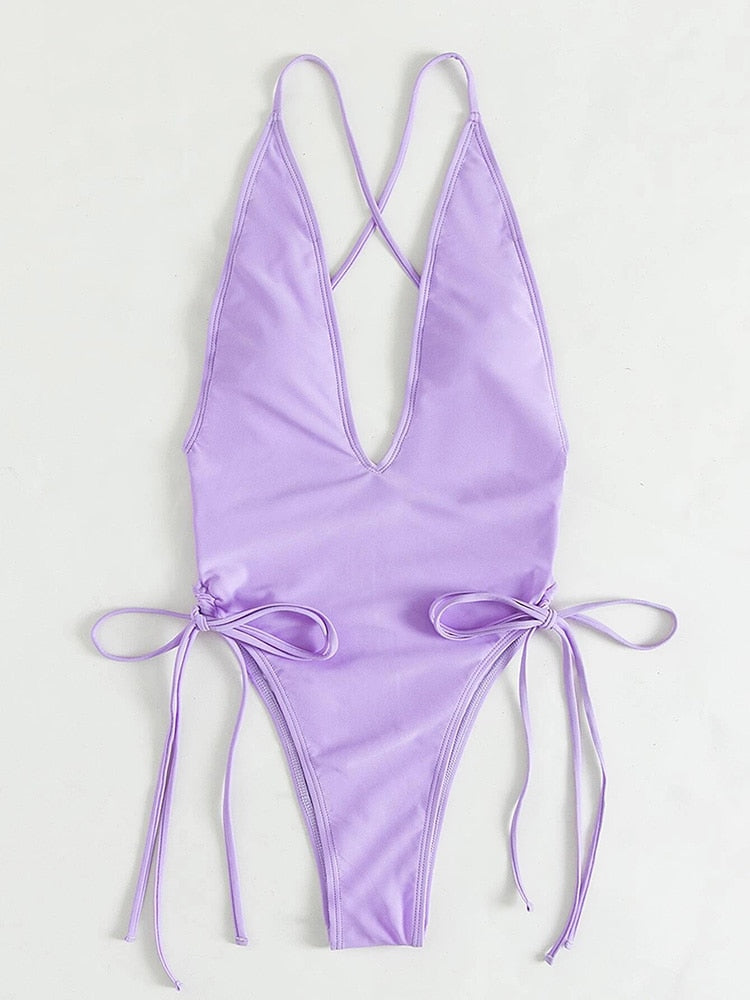 INDIA — V Neck One Piece Swimsuit