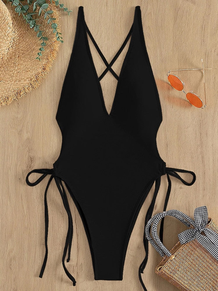 INDIA — V Neck One Piece Swimsuit