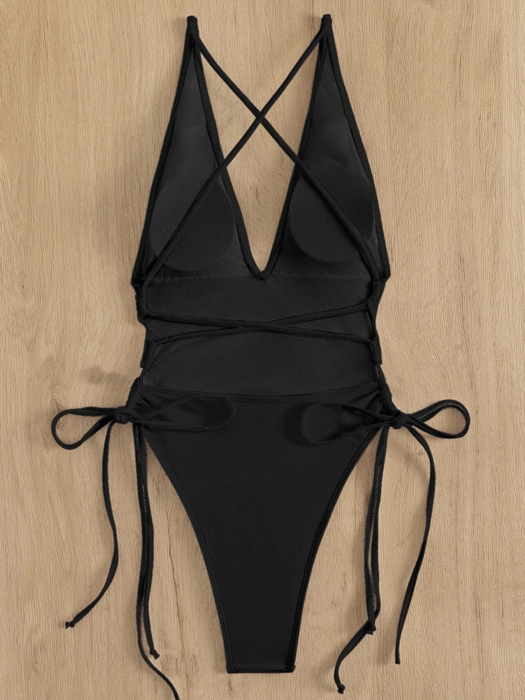 INDIA — V Neck One Piece Swimsuit