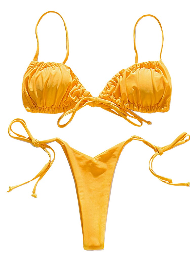 Cathalem Bikini Tops for Women Large Breast Cutout Strappy Thong Bikini Set  Swimsuit,Yellow L 